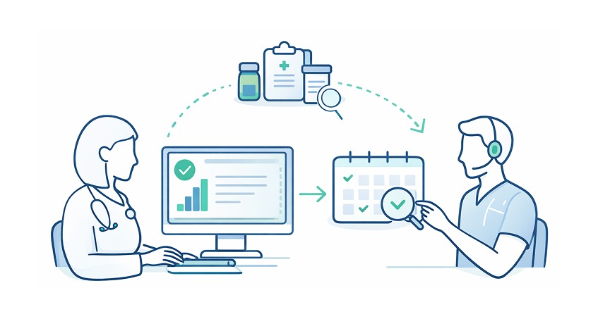 Built for real workflows: clinician workflow handing off to a scheduled patient action